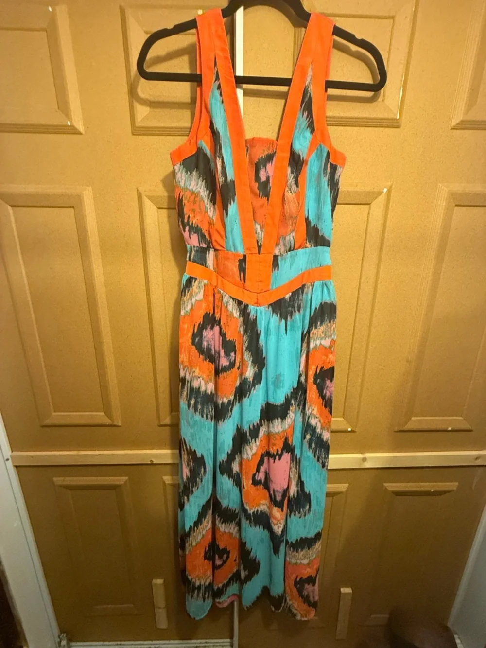 Gianni Bini Colorful Maxi Dress V-Neck Turquoise Orange Print Size M - Picture 2 of 15